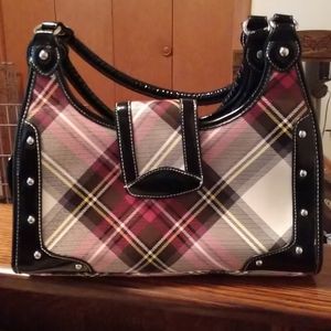 Plaid And Studded Patent Trim Handbag